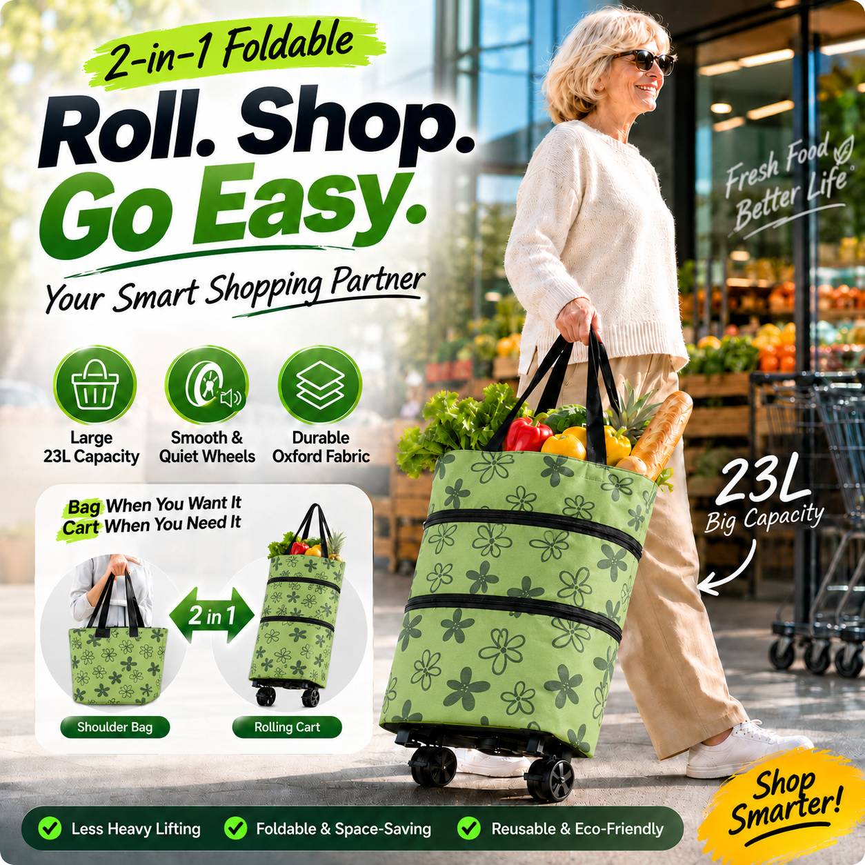 2-in-1 Foldable Shopping Cart | Shop, Carry & Roll with Ease
