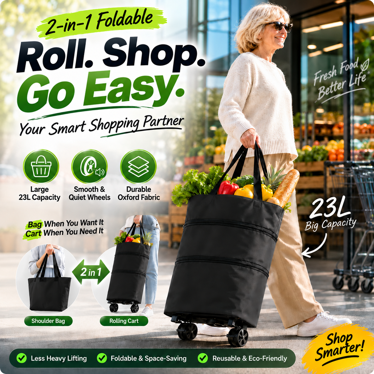 2-in-1 Foldable Shopping Cart | Shop, Carry & Roll with Ease