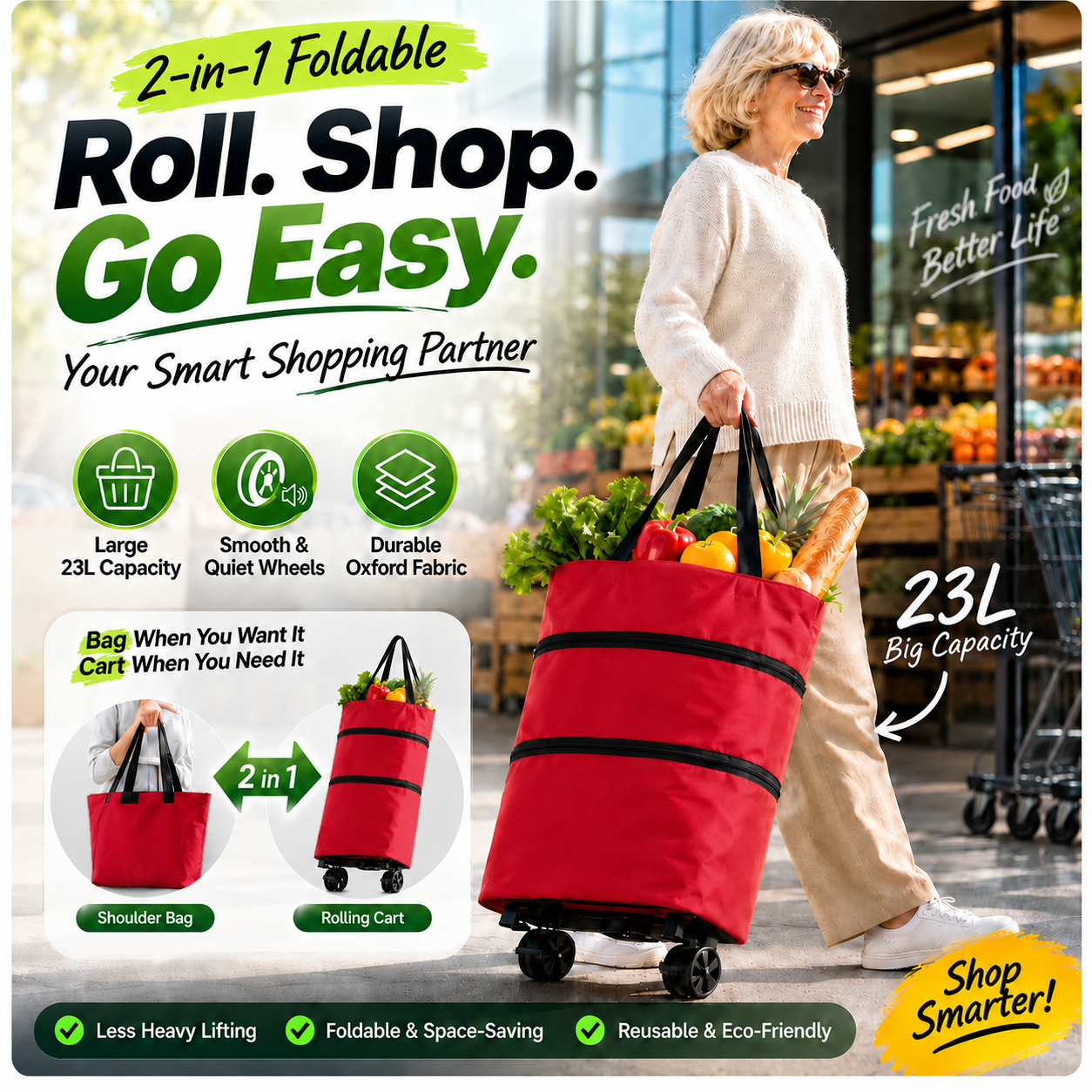 2-in-1 Foldable Shopping Cart | Shop, Carry & Roll with Ease