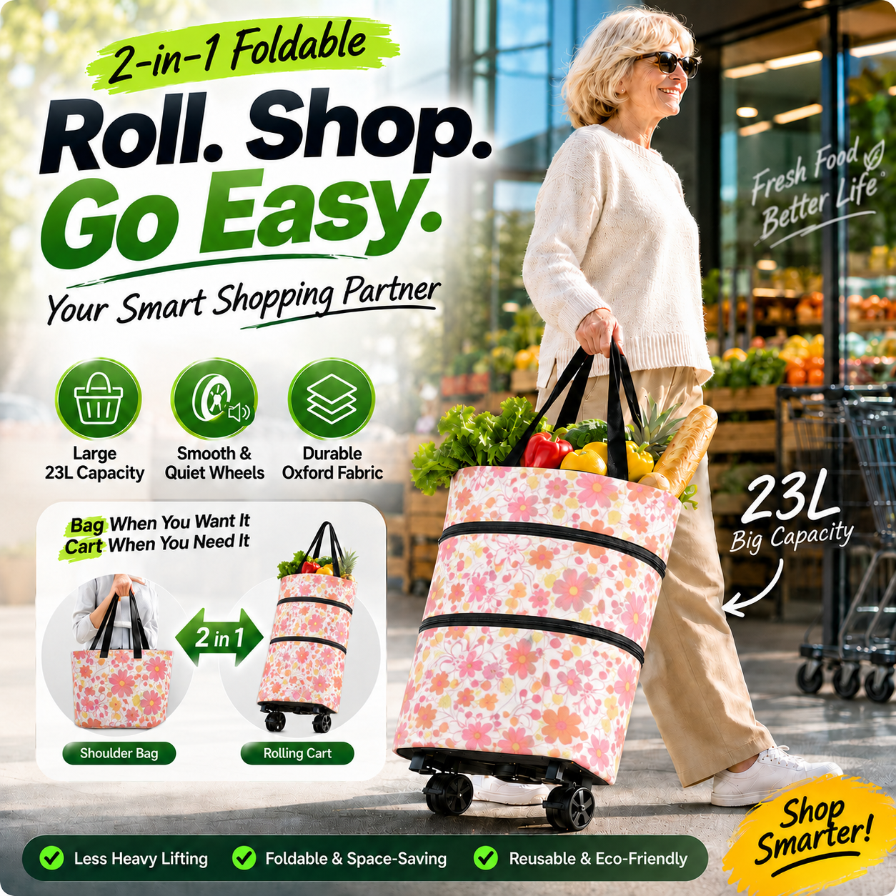 2-in-1 Foldable Shopping Cart | Shop, Carry & Roll with Ease
