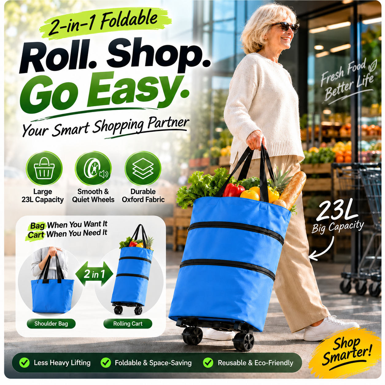 2-in-1 Foldable Shopping Cart | Shop, Carry & Roll with Ease
