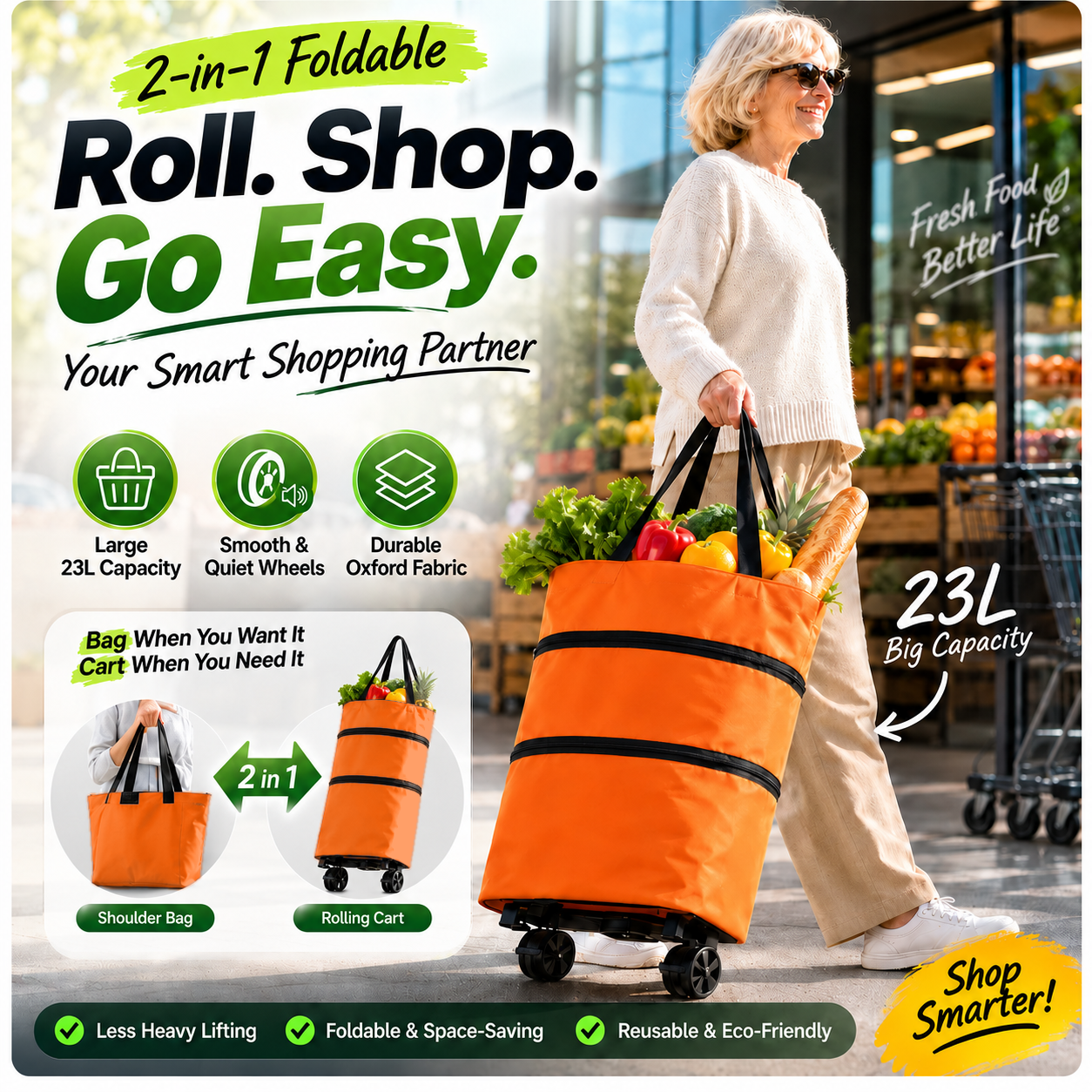 2-in-1 Foldable Shopping Cart | Shop, Carry & Roll with Ease
